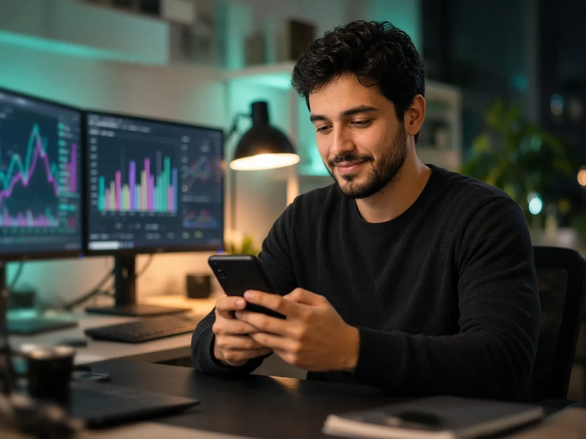 Gestor de tráfego olhando o celular, com painéis de métricas nos monitores