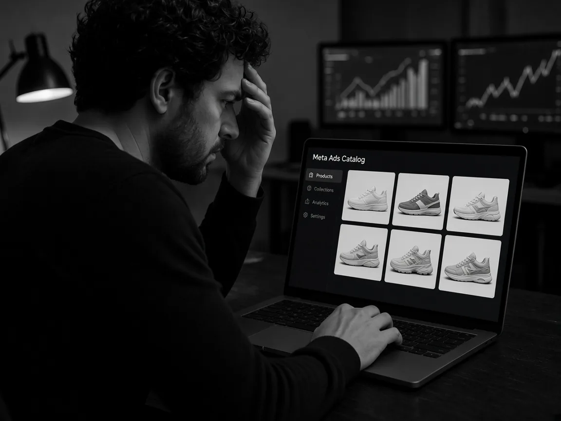 Gestor de tráfego aflito diante do notebook, sem conseguir editar as campanhas de catálogo